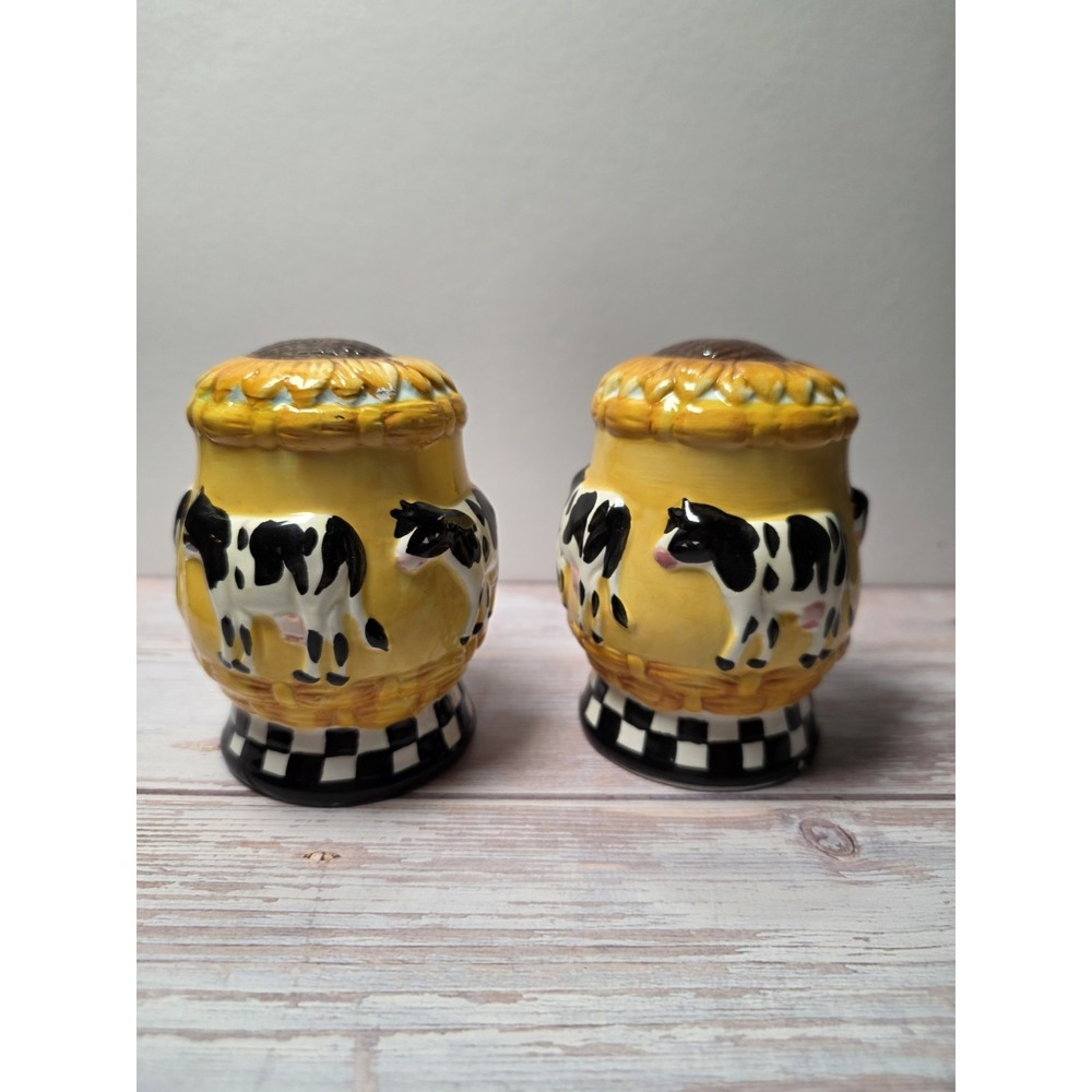 Ceramic Cow Sunflower Salt & Pepper Shakers Set Yellow Black White Animal Print
